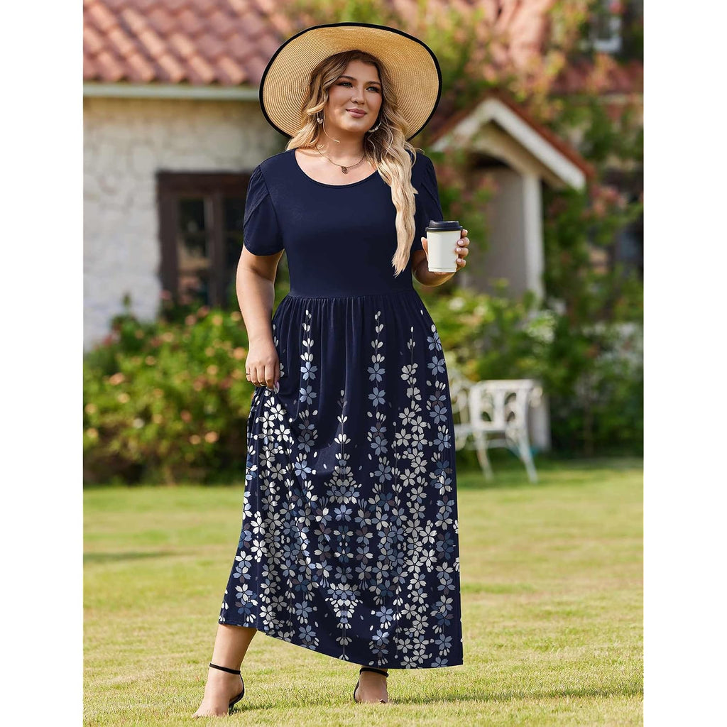 In'Voland Plus Size Maxi Dresses For Women Summer Petal Short Sleeve Dress Casual Loose Flowy Long Sundress With Pockets