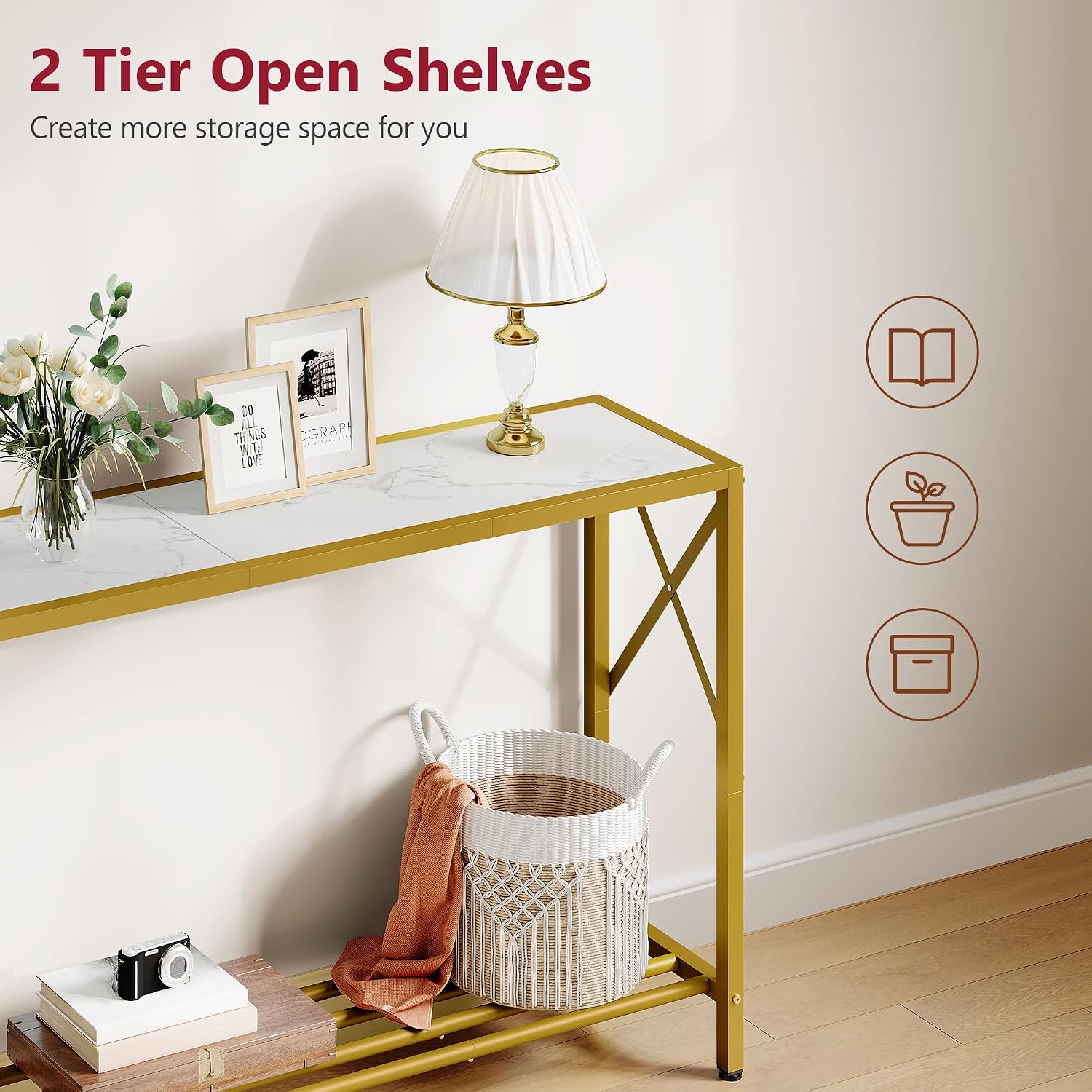 Entryway Table 41.8”, 2-Tier Entry Way Console Entrance Table, Narrow Sofa Table With Shelves, Ideal For Hallway, Entryway, Living Room, Foyer, Corridor, And Office (Gold & White)