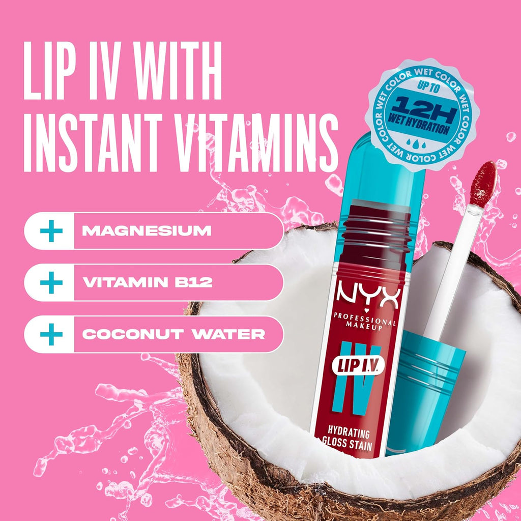 NYX PROFESSIONAL MAKEUP Lip IV Hydrating Glossy Lip Stain, Long-Lasting, Tinted, Vegan Formula with 12 HR Hydration - Cherry Drenched (Red)