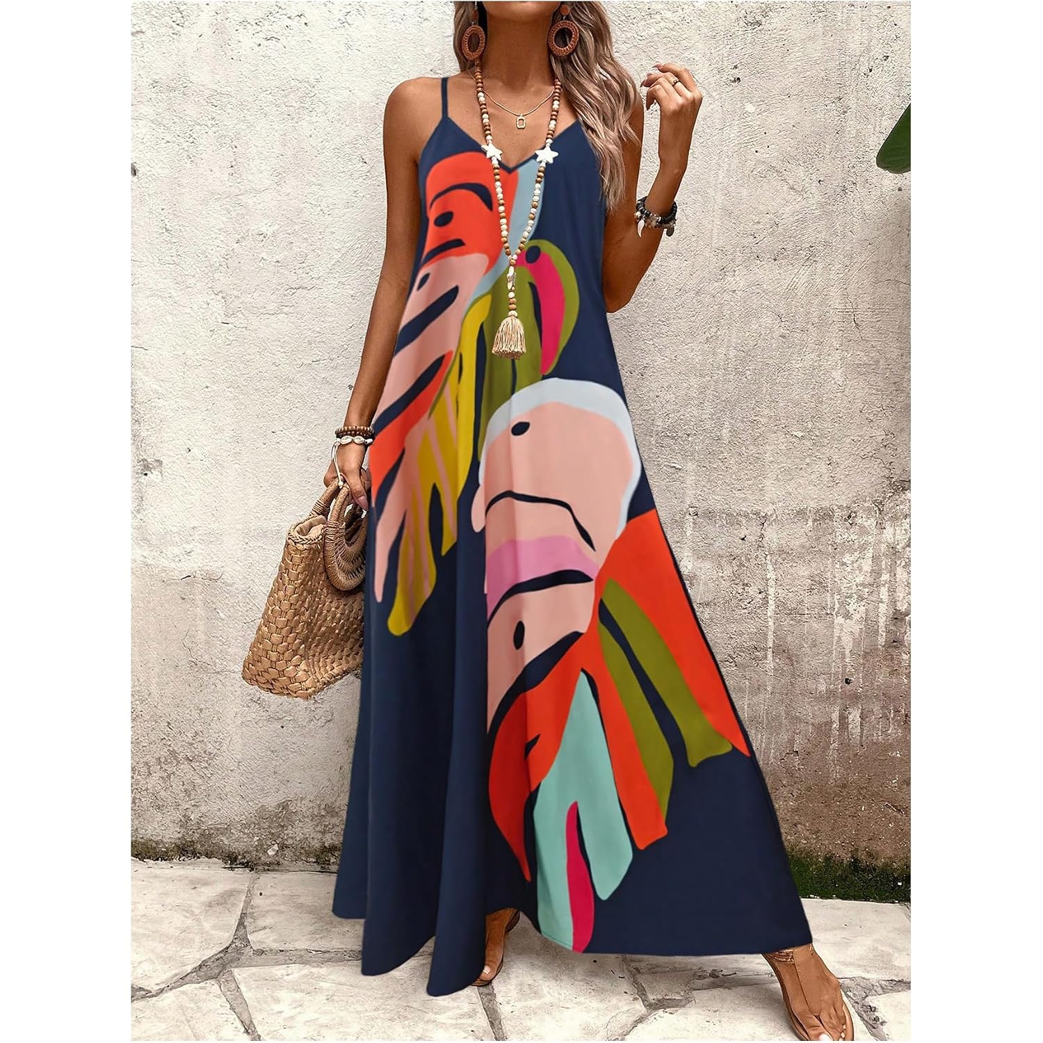 Gorglitter Women'S Sleeveless V Neck Oversized Maxi Long Dress Boho Bump Friendly Graphic Casual Beach Flowy Sun Dress