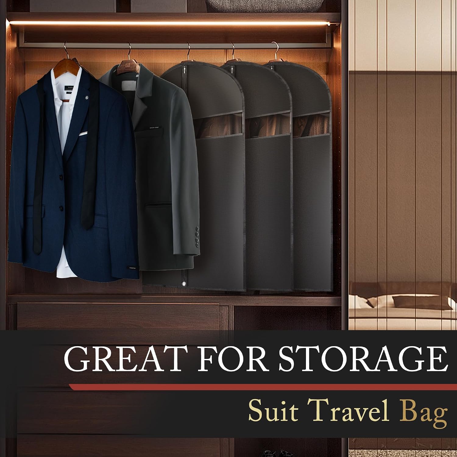 Hleelomi 5 Pack 40-Inch Suit Bag Garment Bag For Travel And Storage, Garment Bags For Hanging Clothes With Zipper And Visible Transparent Window, Black