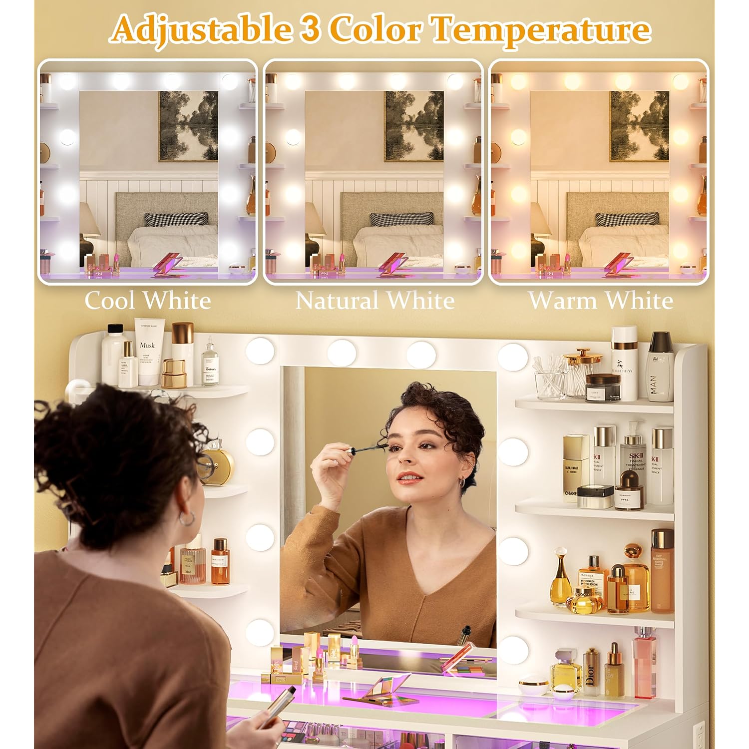 Vanity Desk, Makeup Vanity Desk With Mirror And Lights 3 Colors, Transparent Top With 3 Rgb Drawers, 6 Shelves, 2 Large Tempered Cabinets, Power Outlet, For Bedroom, White