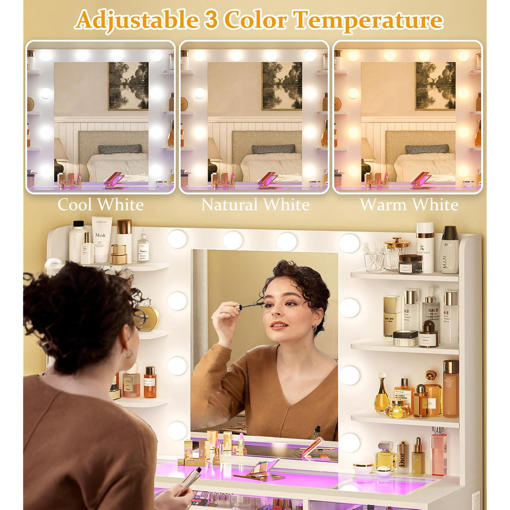 Vanity Desk, Makeup Vanity Desk With Mirror And Lights 3 Colors, Transparent Top With 3 Rgb Drawers, 6 Shelves, 2 Large Tempered Cabinets, Power Outlet, For Bedroom, White