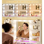Vanity Desk, Makeup Vanity Desk With Mirror And Lights 3 Colors, Transparent Top With 3 Rgb Drawers, 6 Shelves, 2 Large Tempered Cabinets, Power Outlet, For Bedroom, White