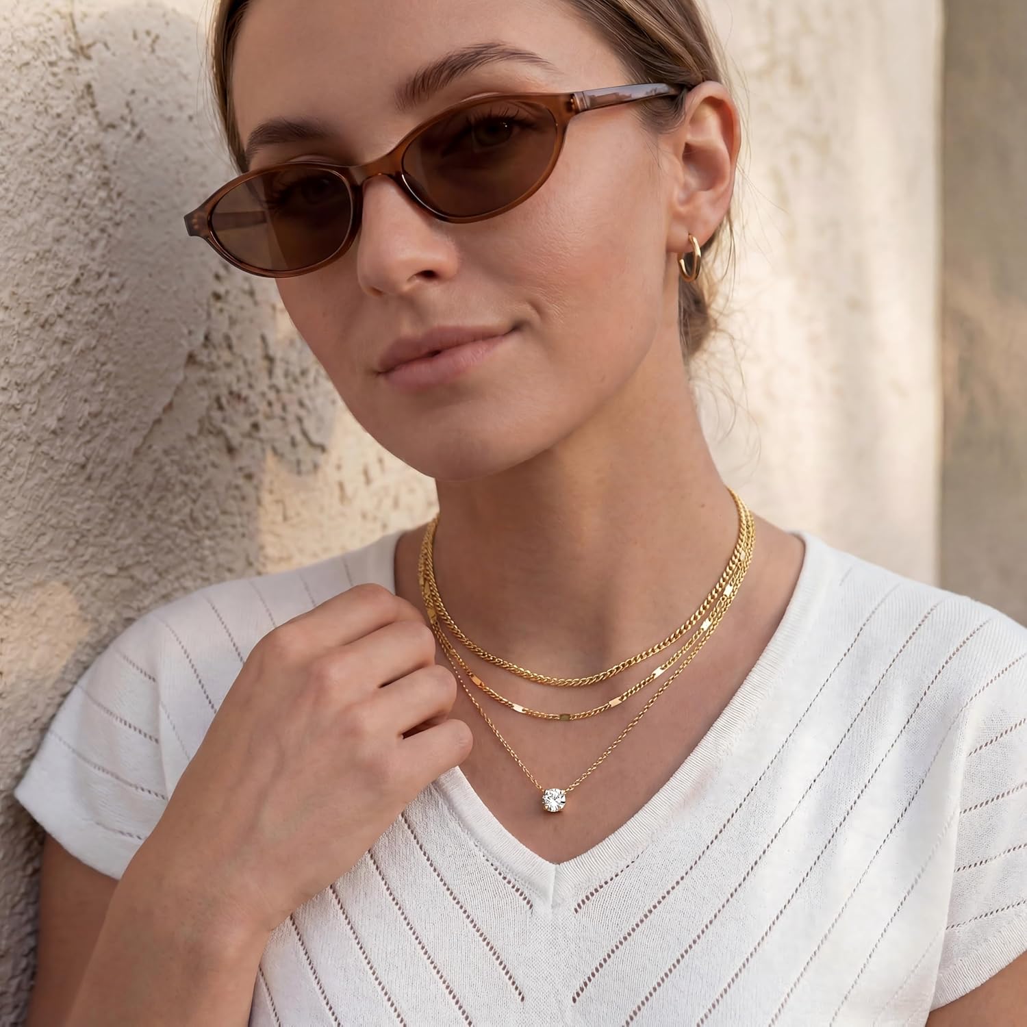 WomenGifts Layered Gold Necklaces for Women, 14K Gold Sterling Silver Plated Dainty Pendant Necklace Set Non Tarnish, Chunky Stackable Cuban Chain Choker, Trendy Personalized Birthstone Jewelry Gift for Mom