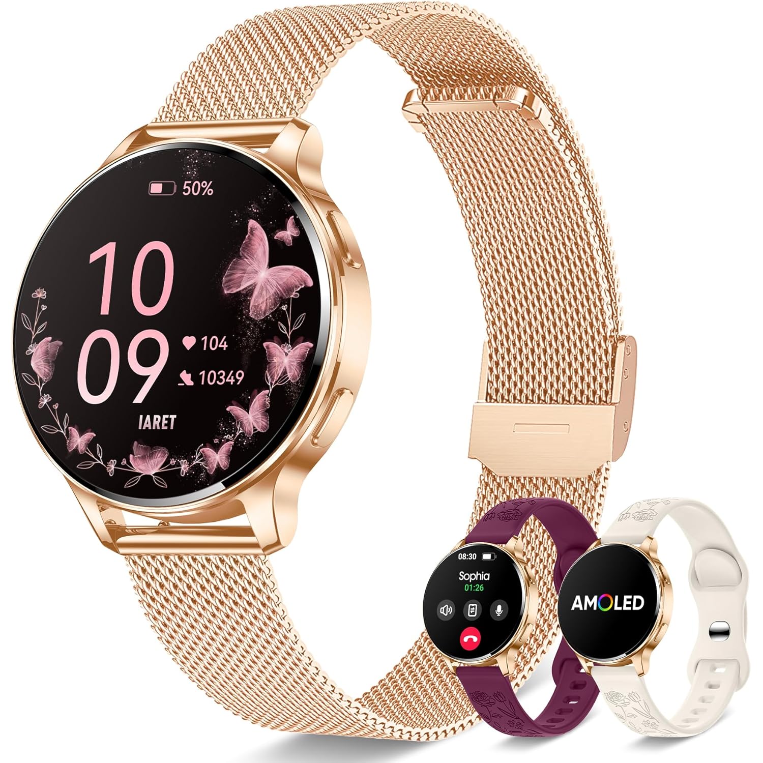 Smart Watches for Women, 1.27″ AMOLED Fitness Tracker with Heart Rate SpO2 Sleep Monitor, 3 Bands, 120+ Sport Modes, Call & Notifications, Smartwatch for Android & iPhone Compatible, 40 mm Rose Gold