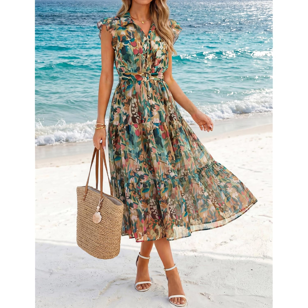 Zesica Women'S Summer Floral Midi Dress 2026 Casual Flutter Short Sleeve Chiffon Button Down Wedding Guest Party Dresses