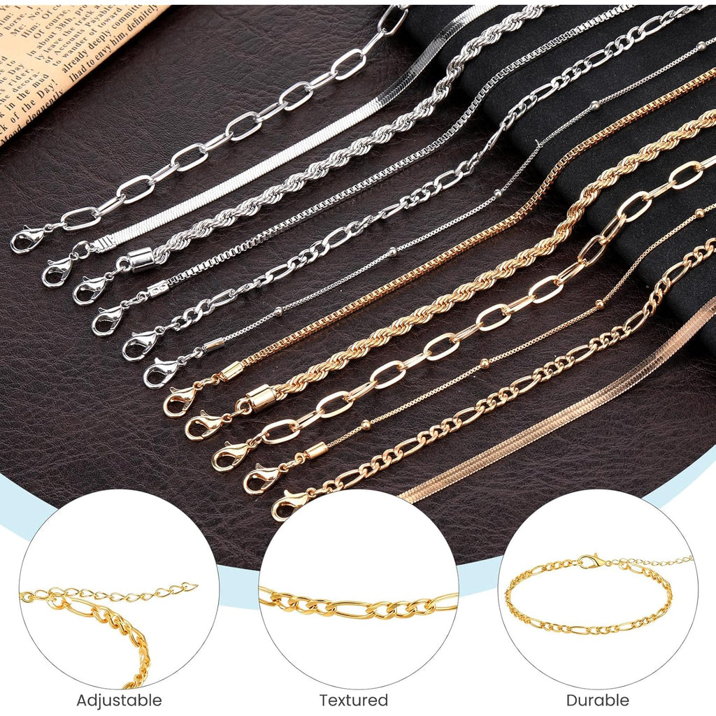Gold Silver Ankle Bracelets for Women 12 Pcs Cuban Anklet Link Chain Set Multi-layered Wear Boho Bracelet Set Summer Beach Jewelry Accessories