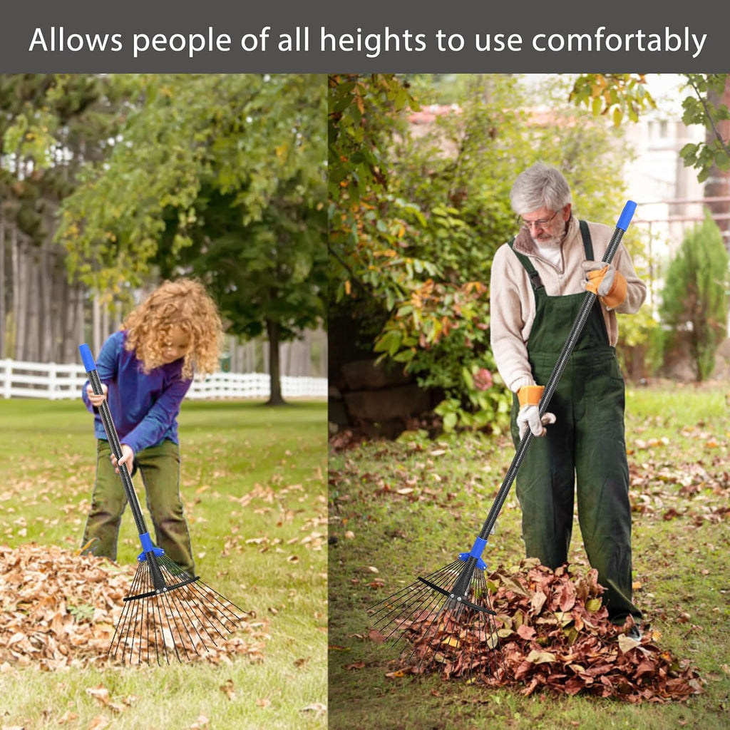 Adjustable Metal Leaf Rake Long Handle, Garden Rakes For Lawns Heavy Duty Leaves With Expandable Head 8-17", Yard Women Kids Rake For Gardening Rv Camping
