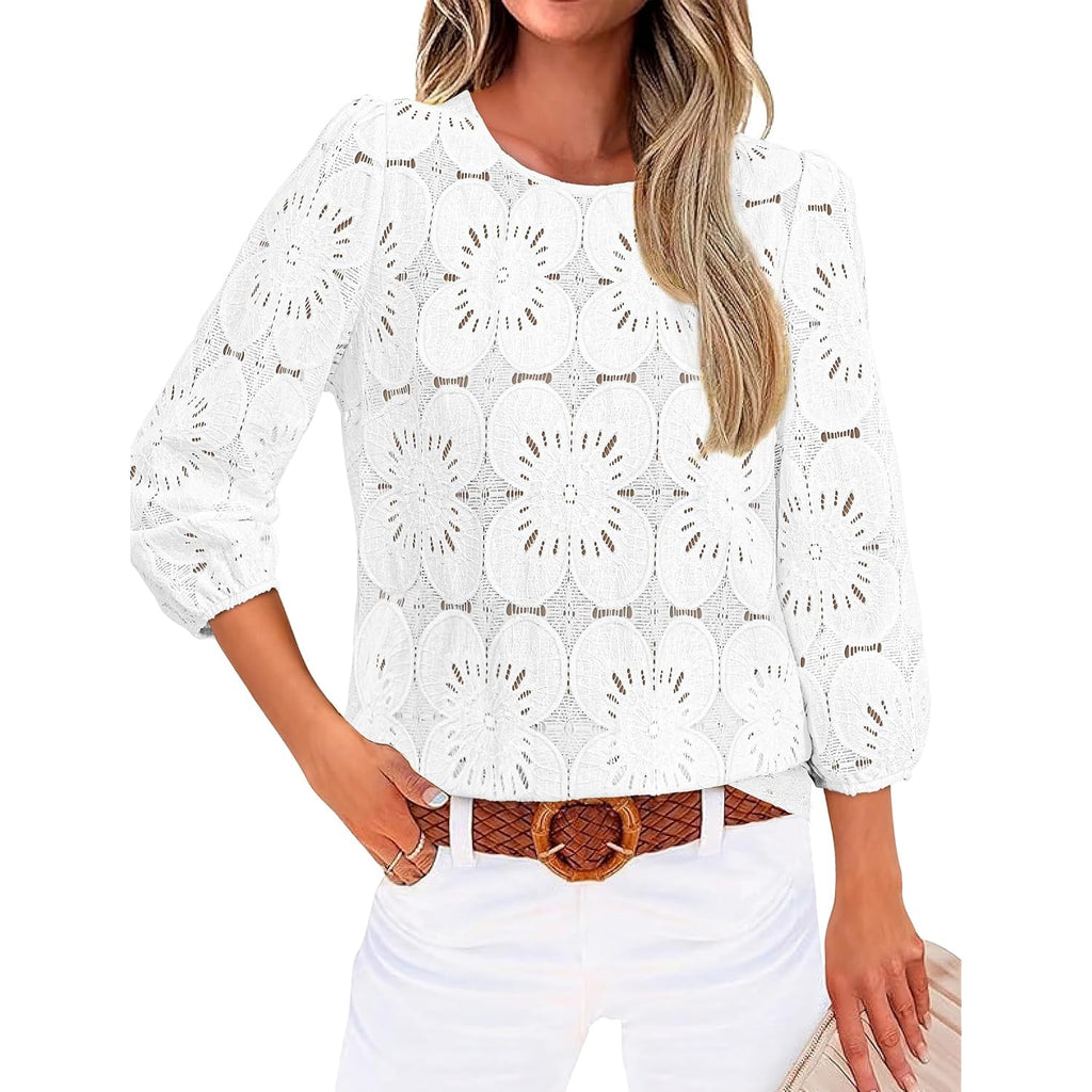 Sampeel Women Blouses Dressy Casual 3/4 Length Sleeve Tops Eyelet Lace Spring Summer Shirts Beach Vacation Clothes