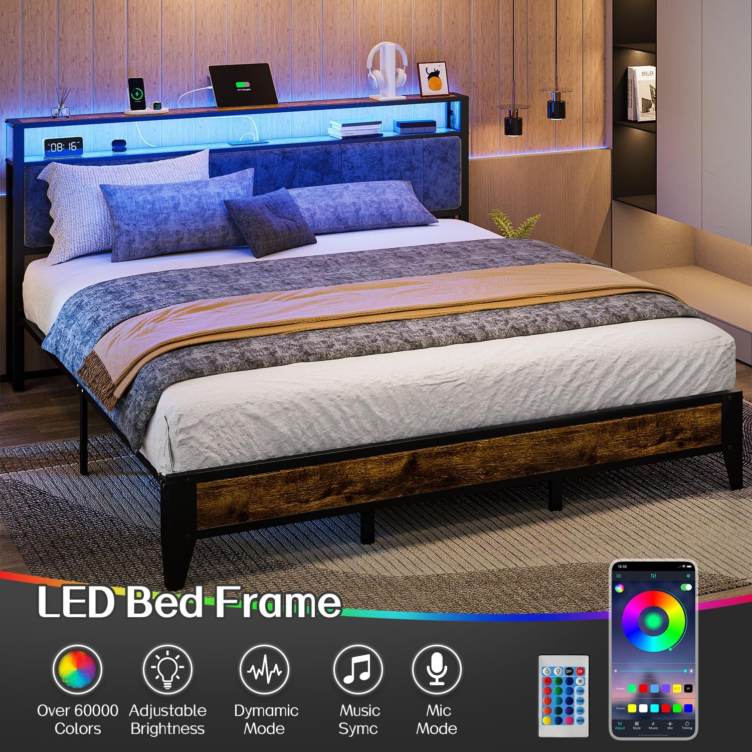 Olevs King Bed Frame With Headboard, Metal Platform Bed King Size With 2-Tier Storage, Led Light & Charging Station Type C, No Box Spring Needed, Easy Assembly