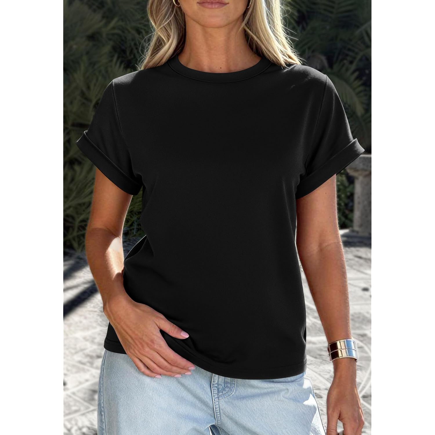 Prettygarden Womens Summer Tops 2026 Spring Casual Rolled Short Sleeve Basic Tees Crew Neck Work Shirts Fashion Clothing