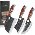 3Pcs Butcher Knife Set, 7" Butcher Meat Cleaver, 7" Serbian Chef Knife And 6.5" Viking Knife, Hand Forged Kitchen Knife Set With Plastic Handle, Geat For Home, Camping, Bbq (Unique Finger Hole Design)