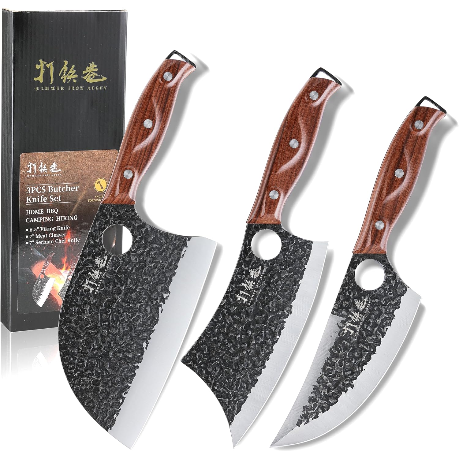 3Pcs Butcher Knife Set, 7" Butcher Meat Cleaver, 7" Serbian Chef Knife And 6.5" Viking Knife, Hand Forged Kitchen Knife Set With Plastic Handle, Geat For Home, Camping, Bbq (Unique Finger Hole Design)
