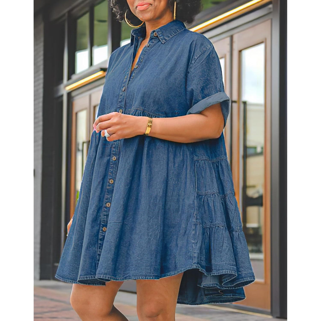 Womens Denim Babydoll Dresses Summer Outfits Button Down Ruffle Tiered Jean Dress