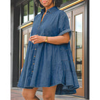 Womens Denim Babydoll Dresses Summer Outfits Button Down Ruffle Tiered Jean Dress