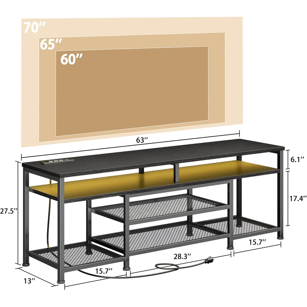 Furologee Tv Stand With Power Outlets And Led Lights, 63 Inch Entertainment Center For 60 65 70 Inch Tvs, Media Console Table With Open Shelves, For Bedroom, Living Room, Black