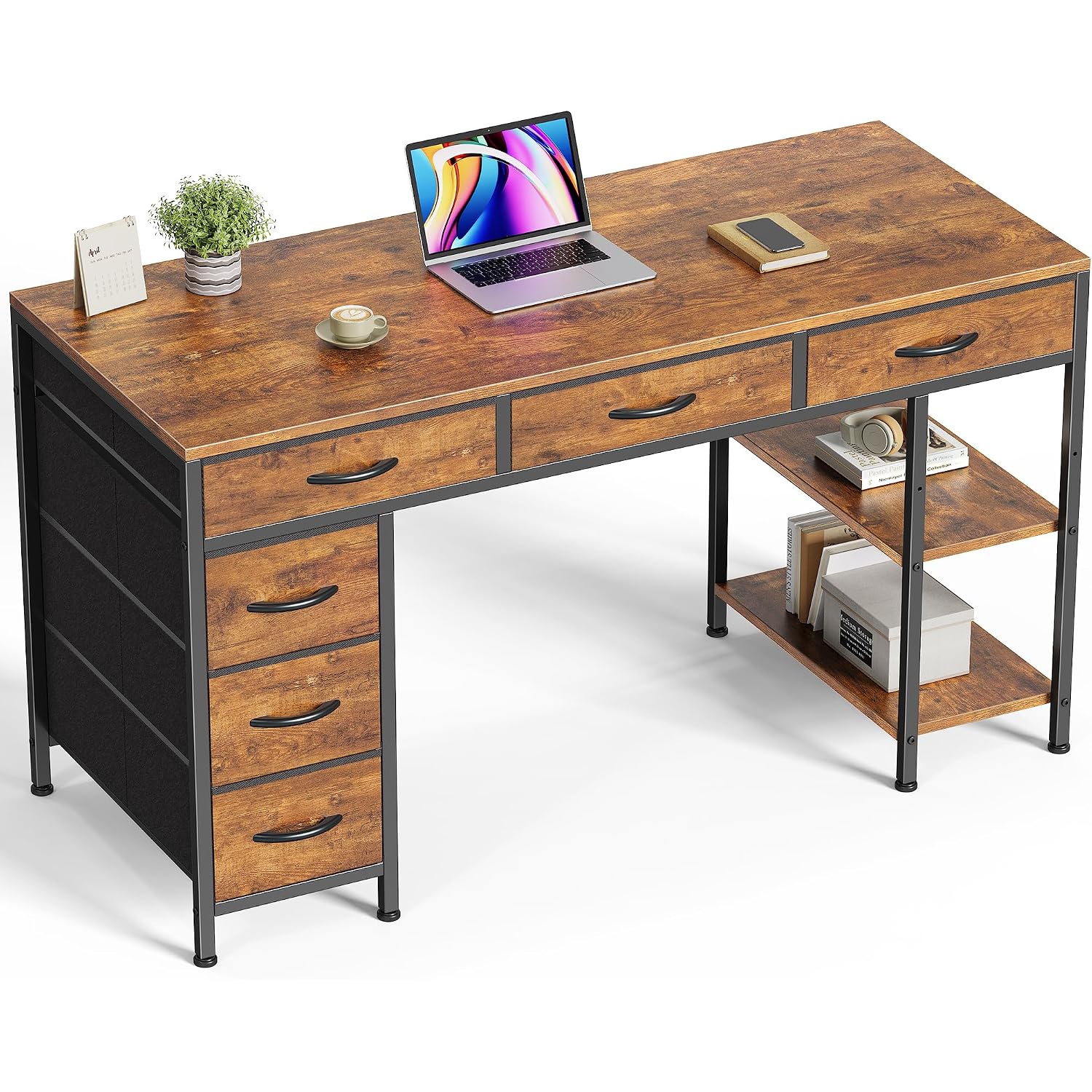 Huuger Computer Desk With 6 Drawers, Office Desk With Shelves, Reversible Gaming Desk, Corner Desk With Storage, Work For Home Office, Study, Living Room, 47Inch, Rustic Brown
