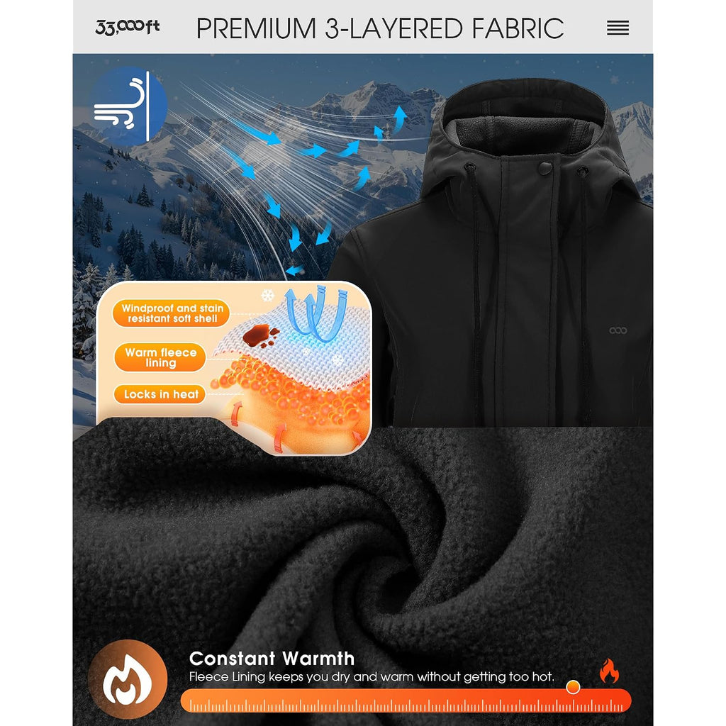 33,000Ft Women'S Softshell Long Jacket With Hood Fleece Lined Windproof Warm Up Waterproof Windbreaker