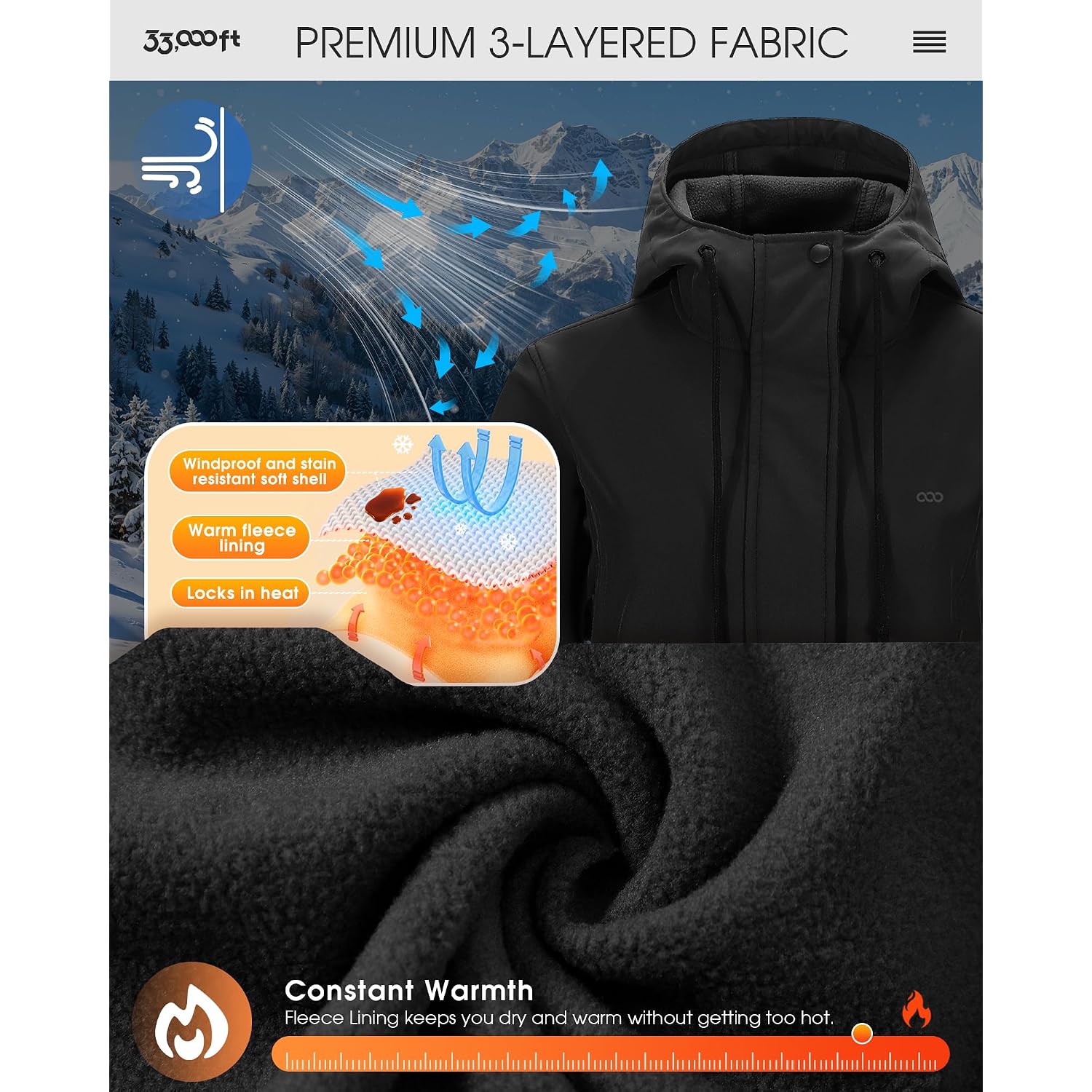 33,000Ft Women'S Softshell Long Jacket With Hood Fleece Lined Windproof Warm Up Waterproof Windbreaker