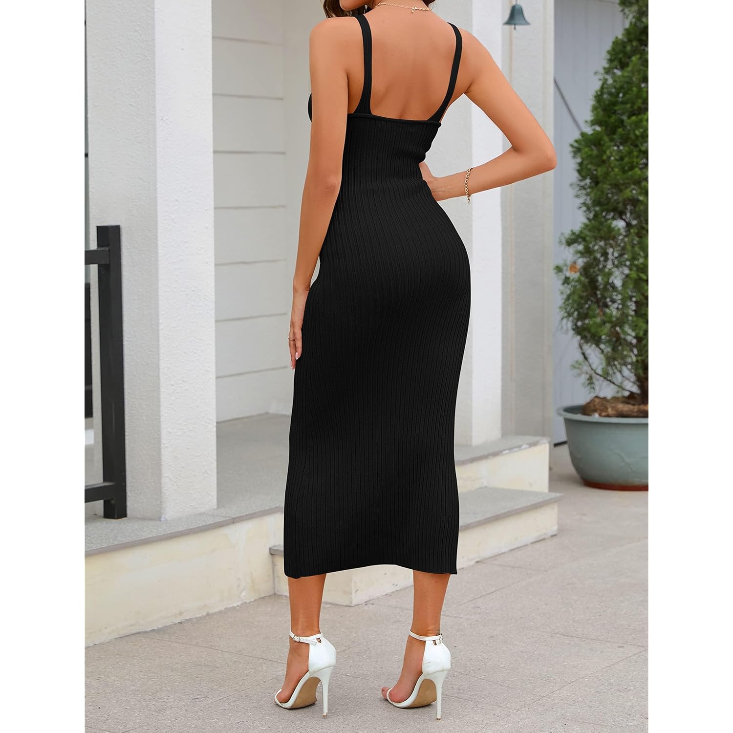 Merokeety Womens Summer Bodycon Knit Midi Dress 2026 Deep V Neck Sleeveless Baby Shower Vacation Ribbed Long Sweater Dresses