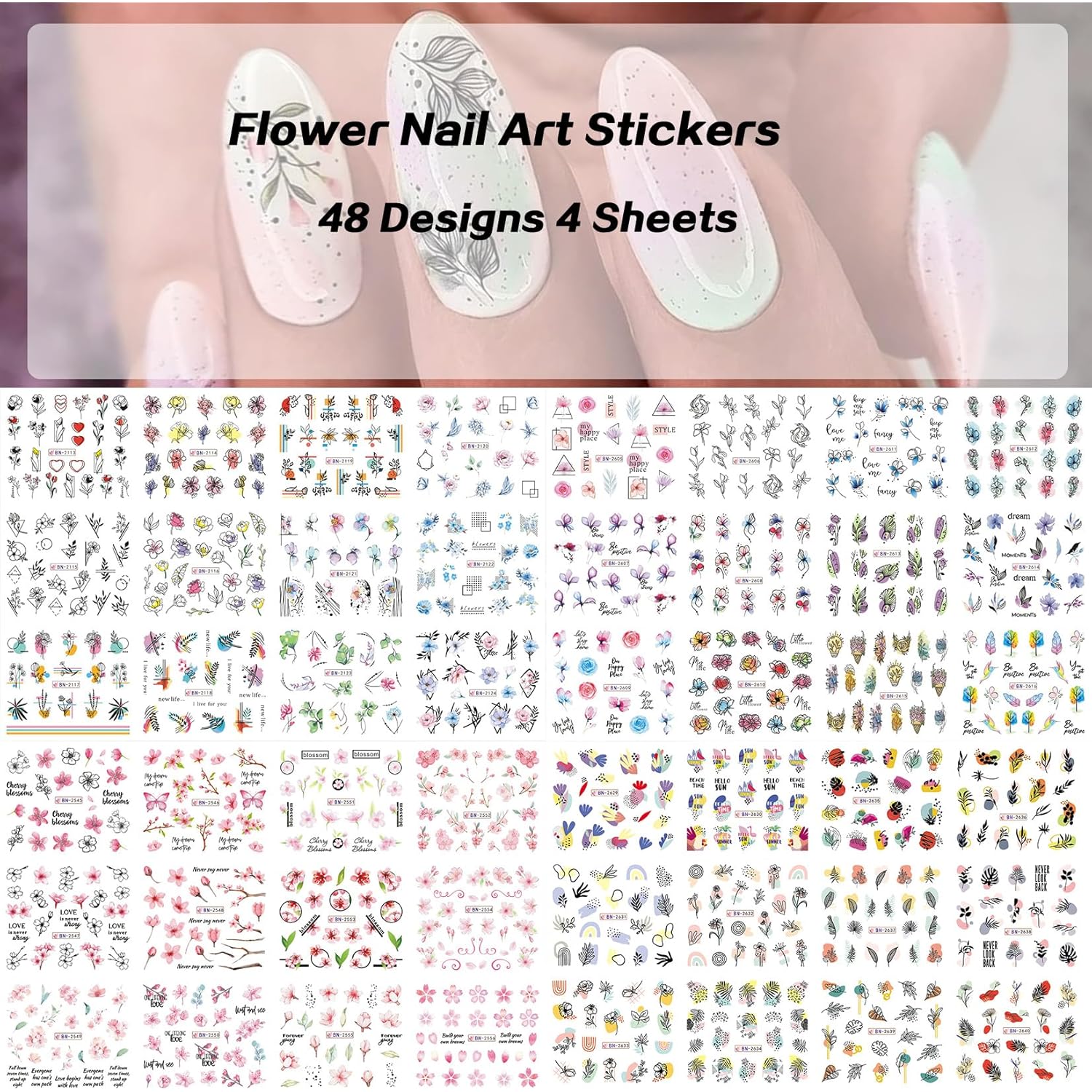 Flower Water Decals for Nails Stickers 48 Designs Colorful Water Transfer Nail Decals Spring Flower Leaf Cherry Blossoms Rose Pattern DIY Manicure Decoration Nail Supplies for Women 4 Sheets