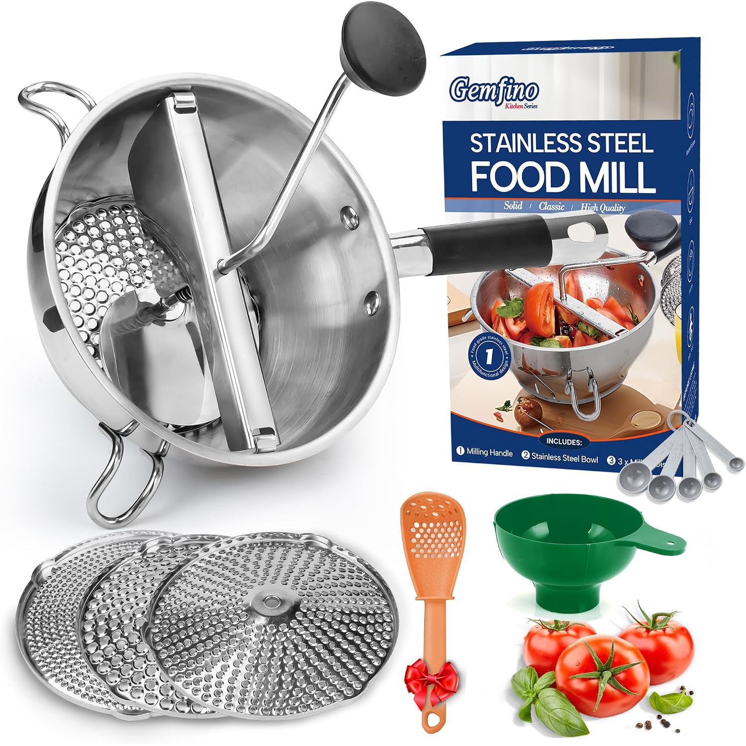 Stainless Steel Food Mills With 3 Milling Discs,Ergonomic Design Of Rotary Food Mills For Tomato Sauce,Potatoes,Jams With Silicone Handle Dishwasher Safe, Multifunctional Spoon,Orange