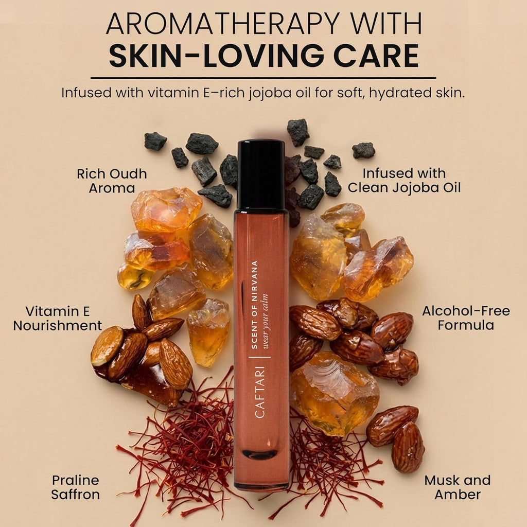 Caftari Oudh Perfume Oil Rollerball – Musk & Amber, Praline Saffron | Long Lasting Oil Based Fragrance with Clean Jojoba Oil | Unisex Warm Natural Scent | Travel Size 10 ml