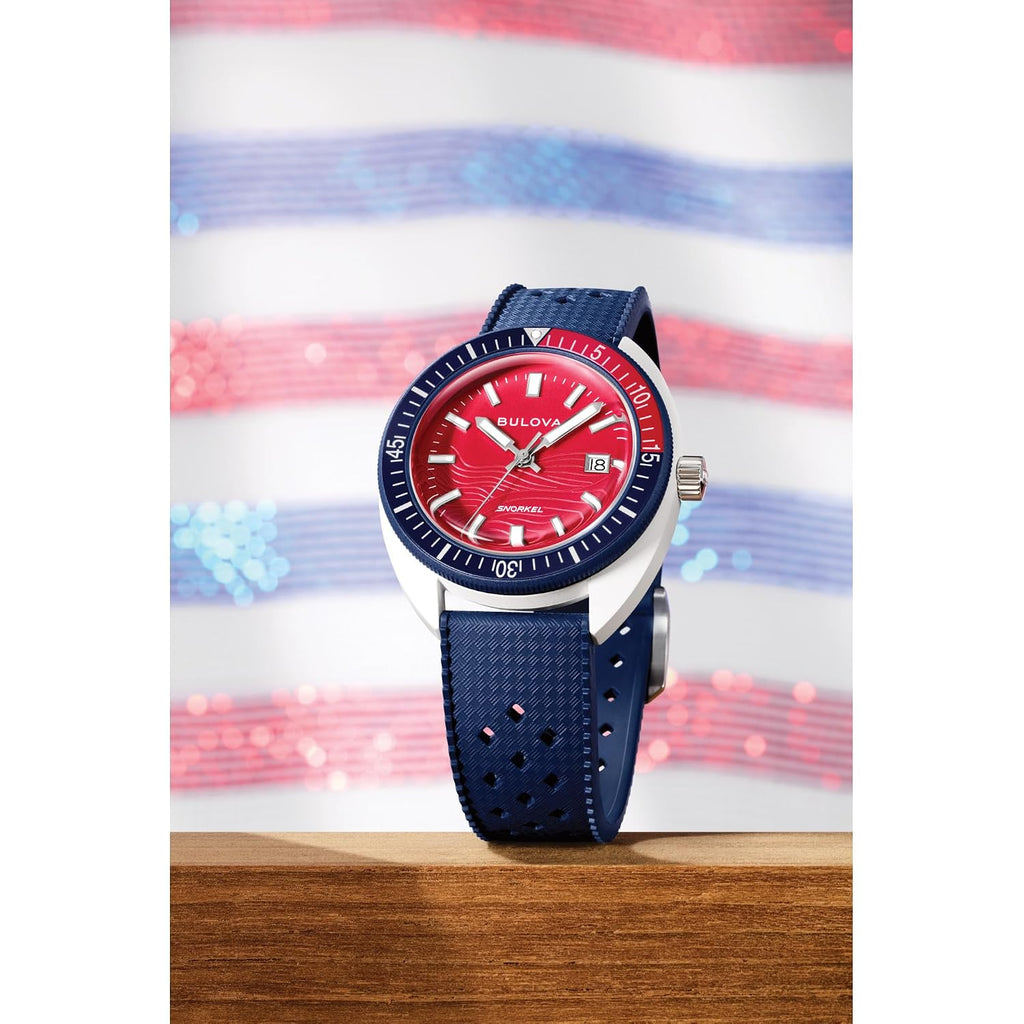 Bulova Men'S Snorkel - America'S 250Th Sail 4Th Special Edition: 41Mm White Hybrid-Ceramic Case With A Blue Rubber Strap & Red Dial (Style: 98B474)