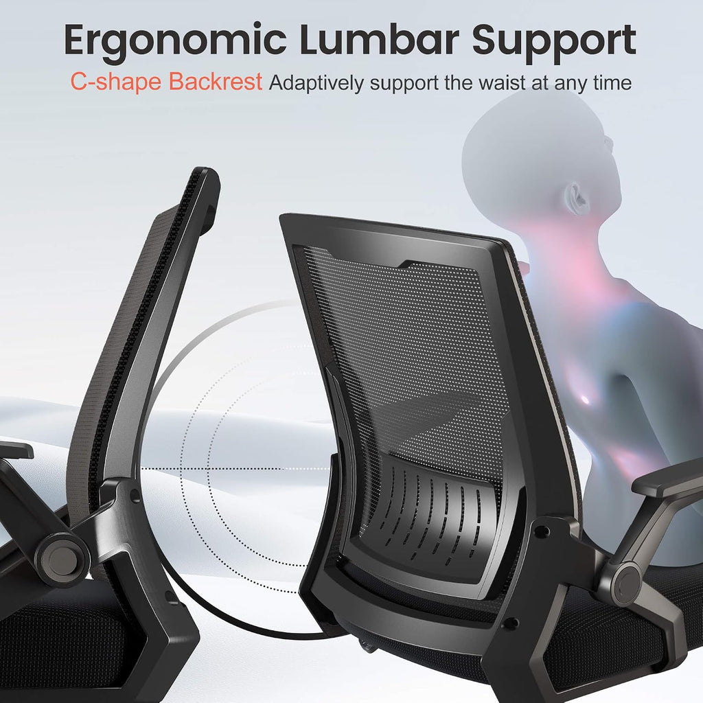 Gtplayer Ergonomic Office Chair With Flip-Up Armrests Executive Computer Chair For Home Office, Breathable Mesh & Comfy Lumbar Support, Black