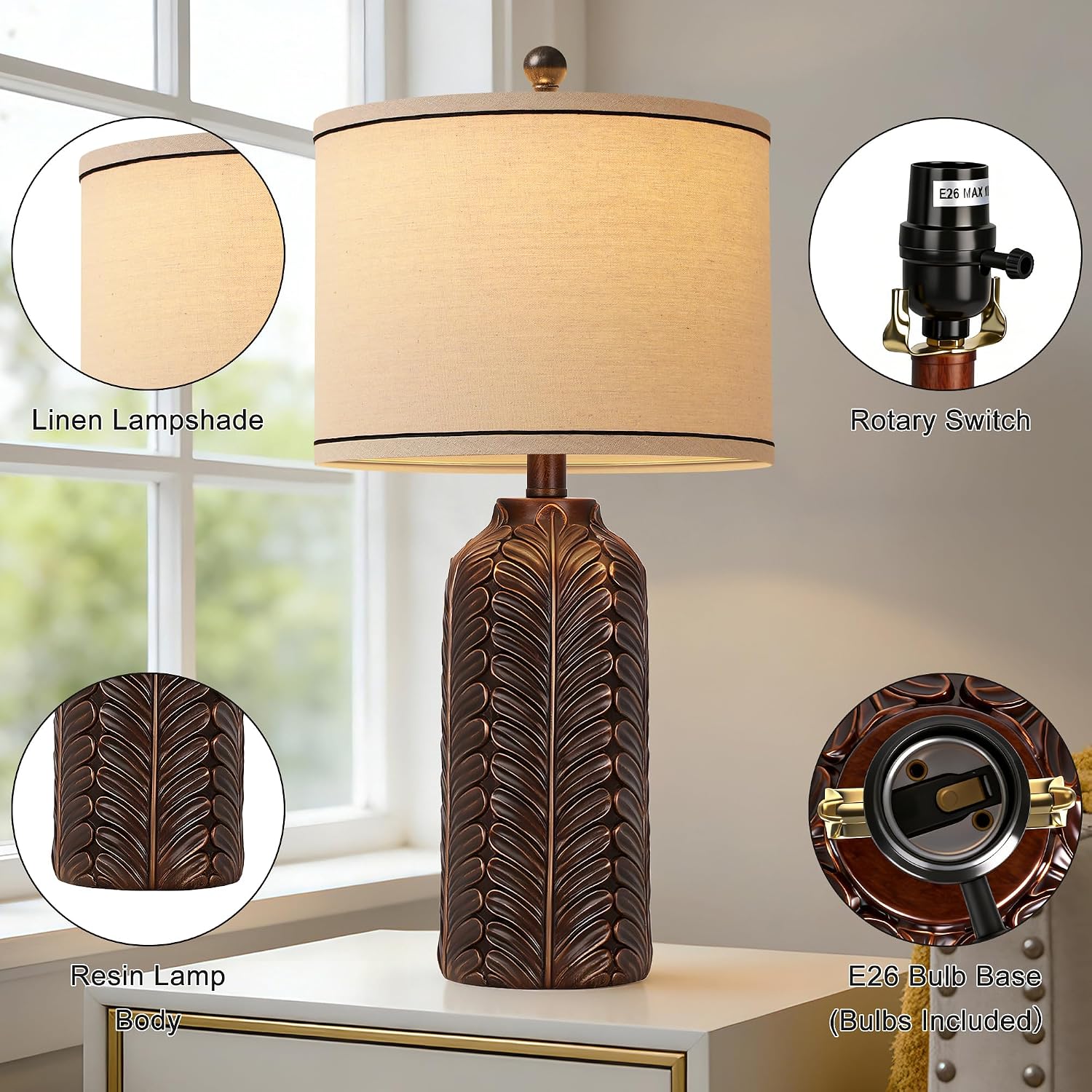 26.5'' Living Room Lamps Set Of 2, Resin Table Lamp For Bedroom | Handcrafted Rustic Design, 3 Color Dimmable, Linen Lampshade, 2 E26 Bulbs, Room Decor, Lamp For Nightstand Hallway Entryway