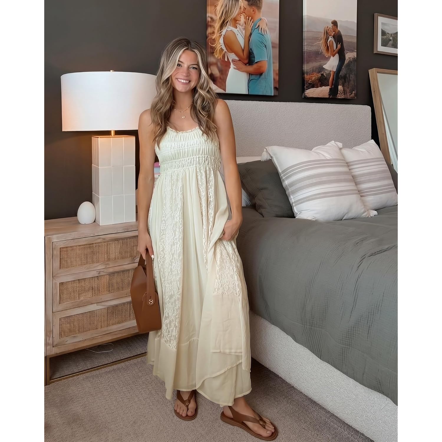 Gacaky Summer Dress For Women Casual Lace Floral Embroidered Bohemian Maxi Dress Flowy A Line Beach Long Dresses