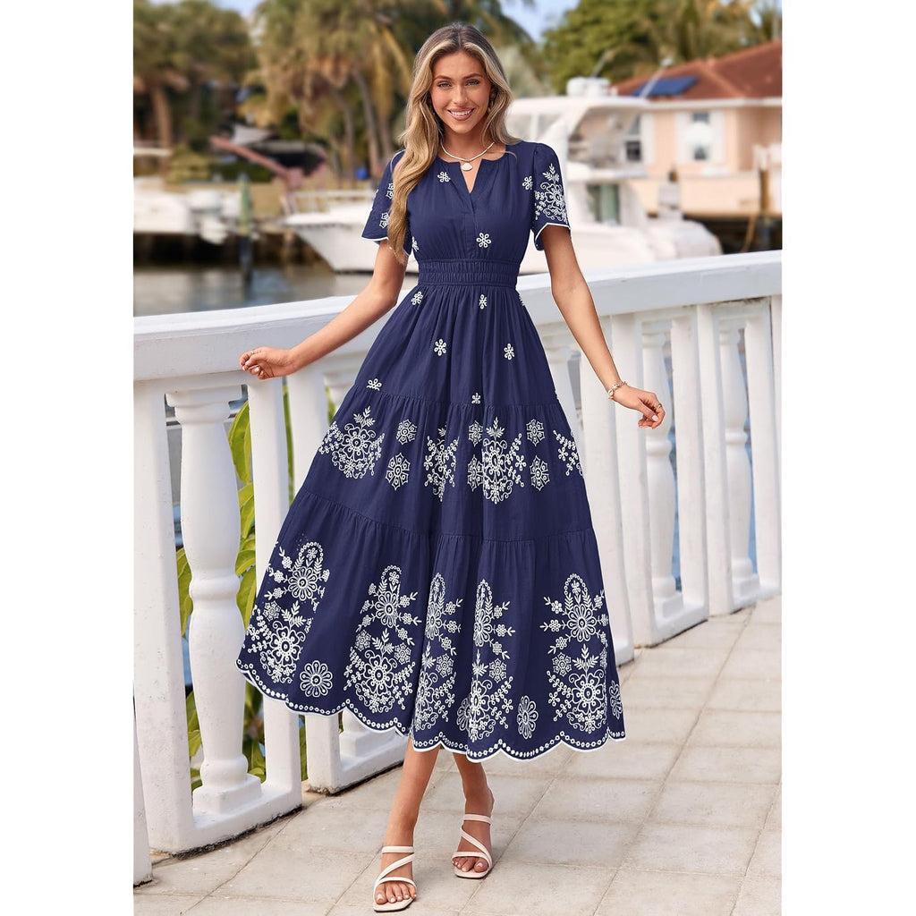 Prettygarden Summer Dresses For Women 2026 Floral Boho Maxi Spring Casual Short Sleeve V Neck Elastic Waist Dress Pockets