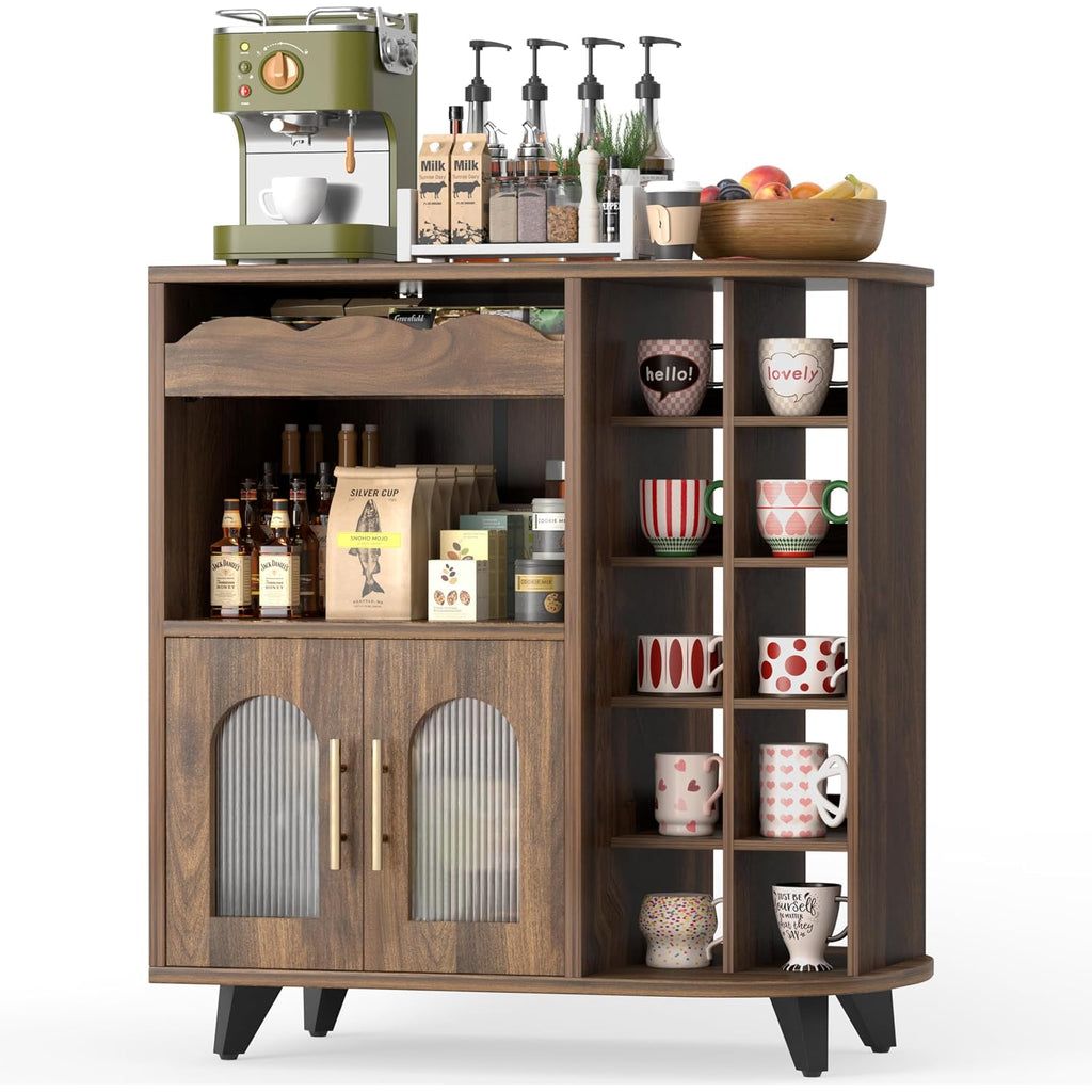 Coffee Bar Cabinet With 24-Cup Display, Large Drawer & Storage,Modern Buffet Sideboard For Kitchen, Medium Wooden Bar Station For Apartment，Walnut