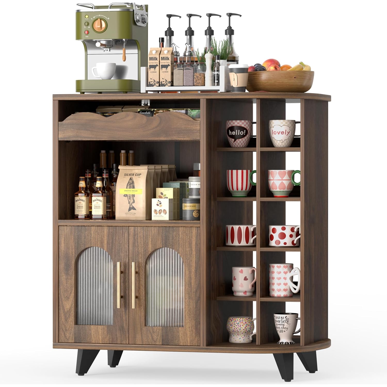 Coffee Bar Cabinet With 24-Cup Display, Large Drawer & Storage,Modern Buffet Sideboard For Kitchen, Medium Wooden Bar Station For Apartment，Walnut