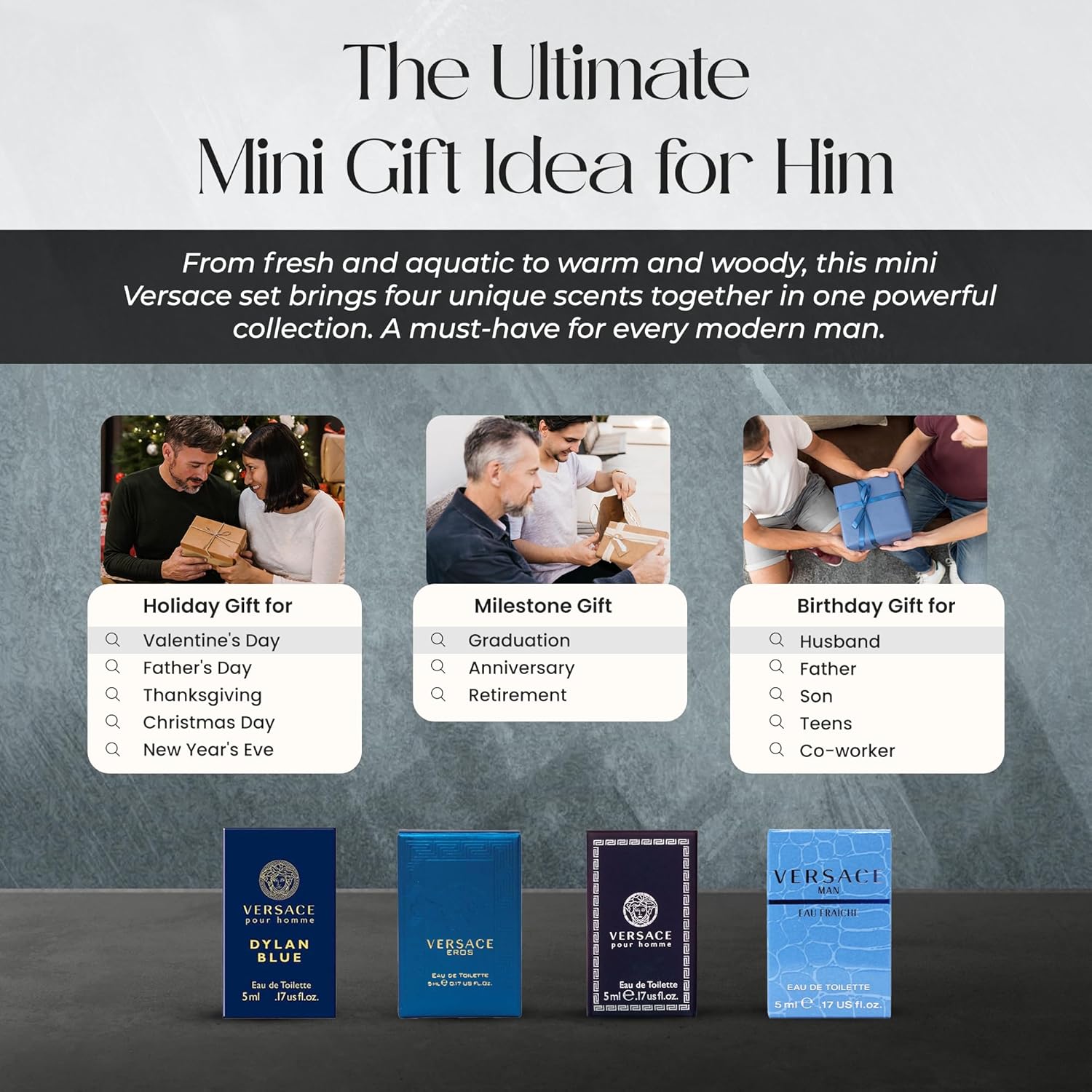 Versace Cologne for Men Set of 4 Mini Eros, Pour Homme, Dylan Blue, Eau Fraiche Perfume for Men Fragrance Sampler Set - Designer Mens Cologne Samples (4 Count, 0.17 oz)