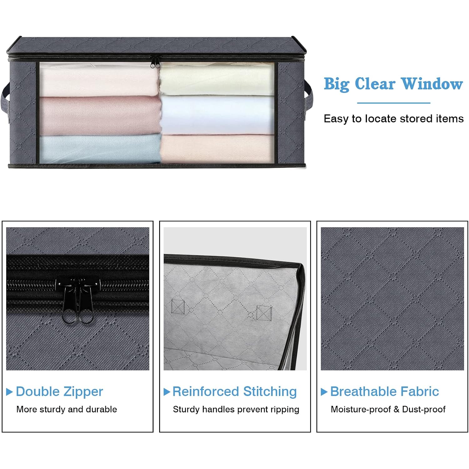 Homehacks Storage 3-Pack Clothes Organizer Storage Bags Foldable Storage Box With Large Clear Window Sturdy Handles For Closet, Dorm, Pillows, Bedding, Clothes, Blankets, 35L, Gray