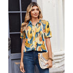 Women Button Down Shirts Puff Short Sleeve Blouses Chiffon Tops Business Casual Outfits Summer Clothes