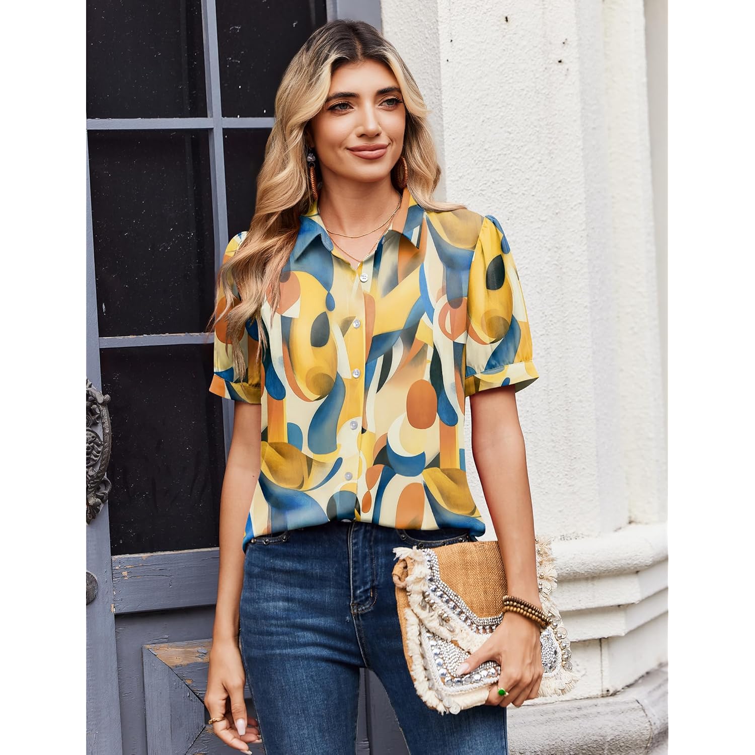 Women Button Down Shirts Puff Short Sleeve Blouses Chiffon Tops Business Casual Outfits Summer Clothes