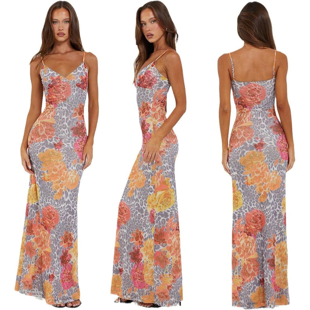Vancol Women Spaghetti Strap Satin Dresses Backless Hollow Casual Boho V Neck Dress Flowy Dress