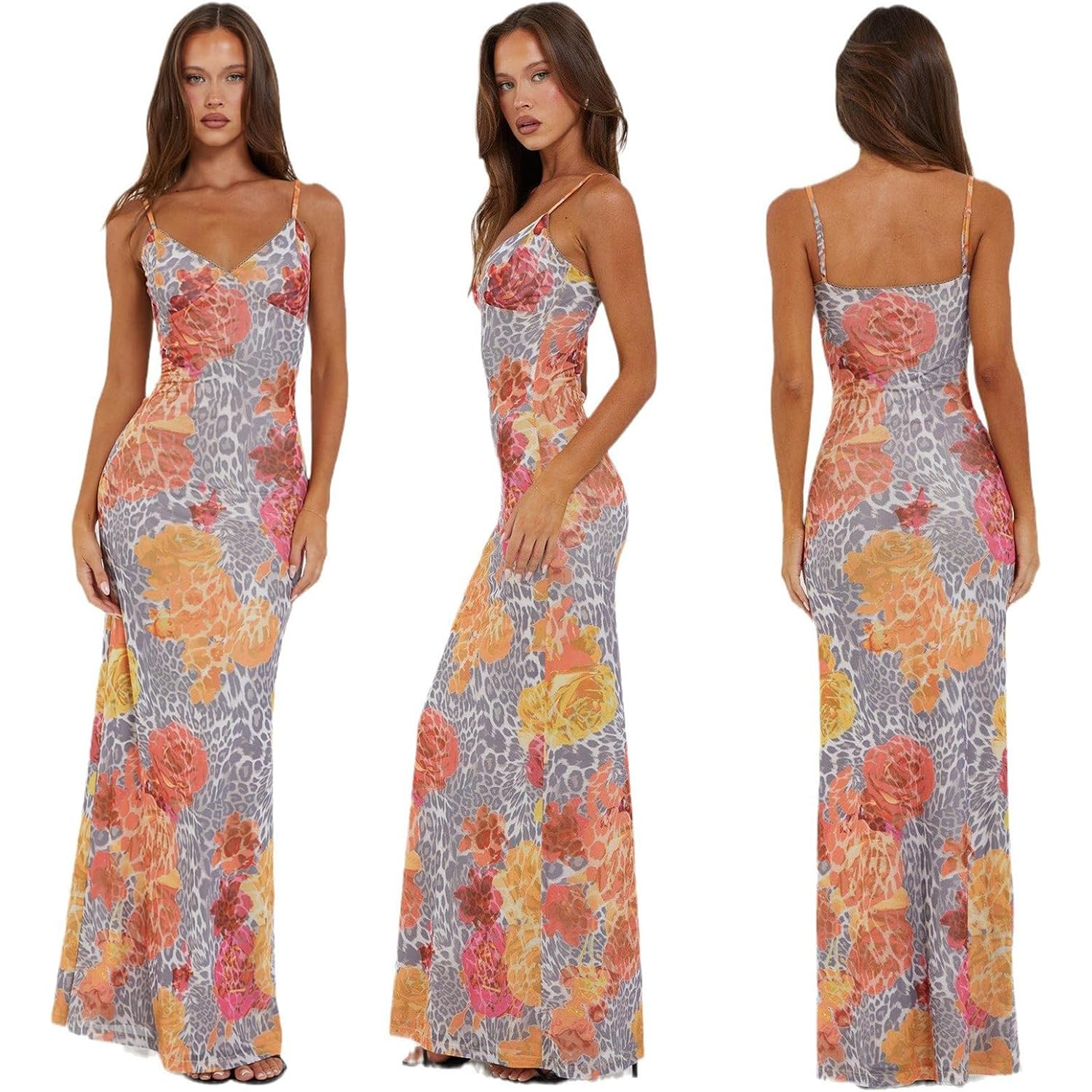 Vancol Women Spaghetti Strap Satin Dresses Backless Hollow Casual Boho V Neck Dress Flowy Dress
