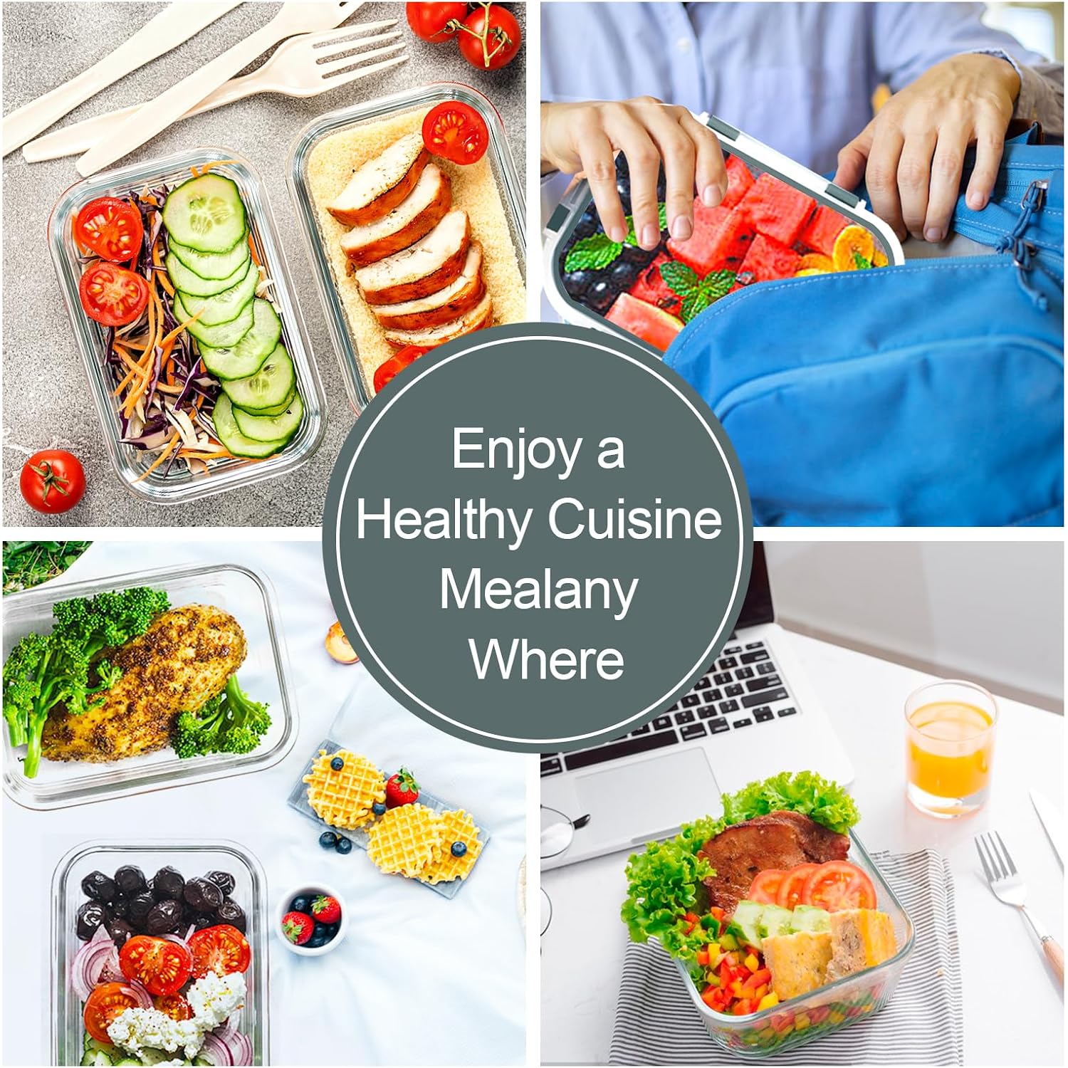 Verones 10 Pack Glass Meal Prep Containers, Airtight Glass Lunch Containers, Stackable Glass Food Storage Containers Set With Lids,Bpa-Free, For Microwave, Oven, Freezer & Dishwasher Friendly,Grey