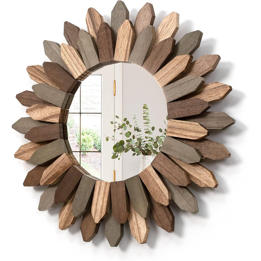 Boho Wall Decor 12 Inch Decorative Mirror With Rustic Wood Sunburst Frame, Perfect For Bedroom, Living Room, Bathroom, Kitchen
