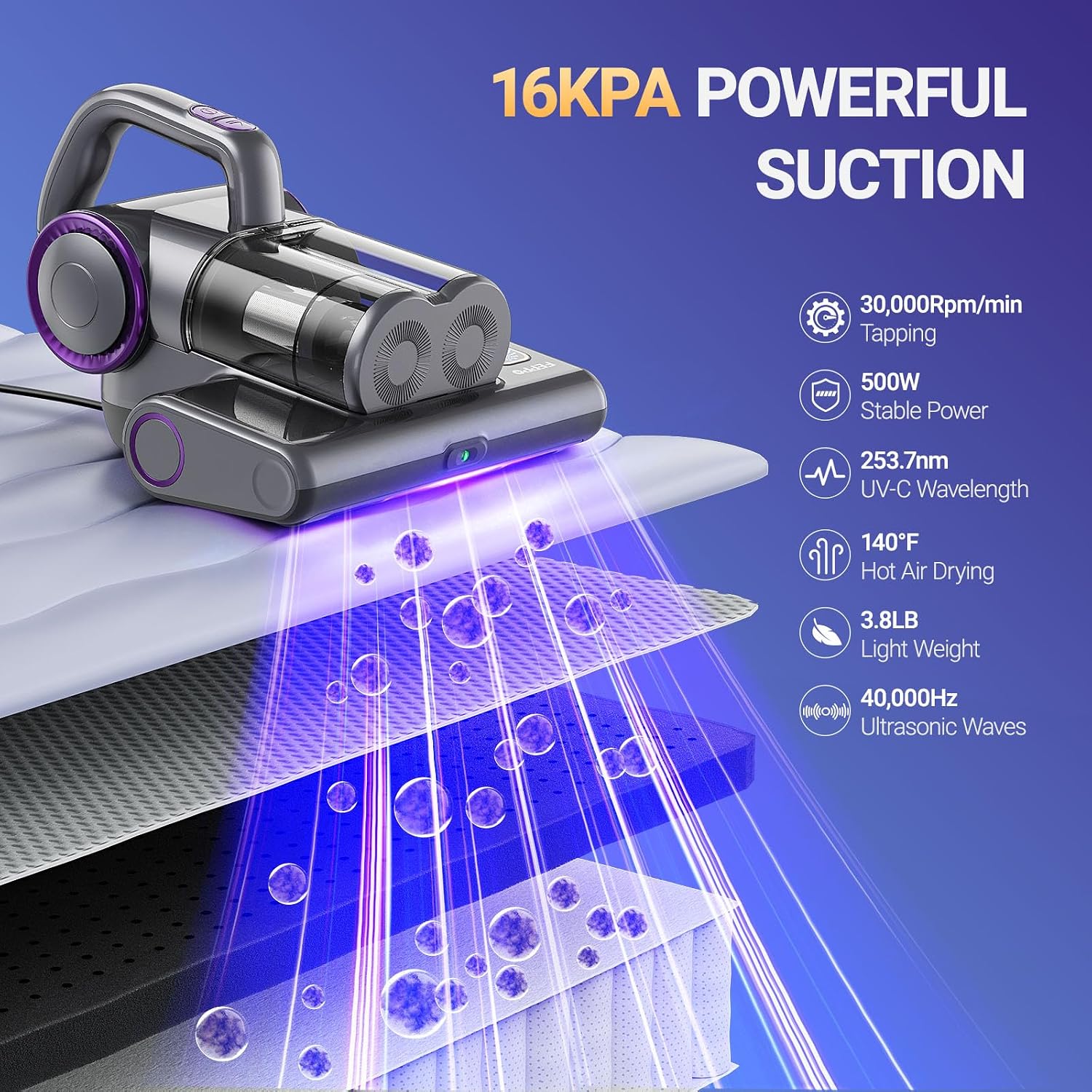 Feppo Mattress Vacuum Cleaner, 16Kpa Bed Vacuum Cleaner With 253.7Nm Uv-C Light, 140°F Heat, Hepa Filter & Ultrasonic, Versatile Handheld Vacuums For Bed, Sofa, Couch, Crib(Corded, 500W)