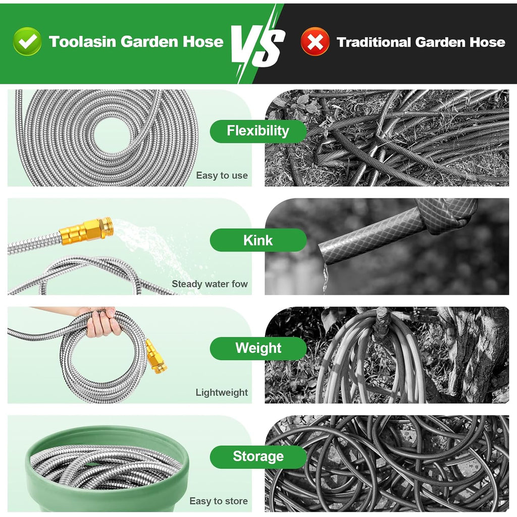 Garden Hose 50Ft, Flexible Stainless Steel Metal Water Hose With 10-Function Nozzle, No-Kink, Leak-Proof, Wear-Resistant, 3/4 Ght, Easy To Use And Store For Garden, Yard, Lawn, Outdoor