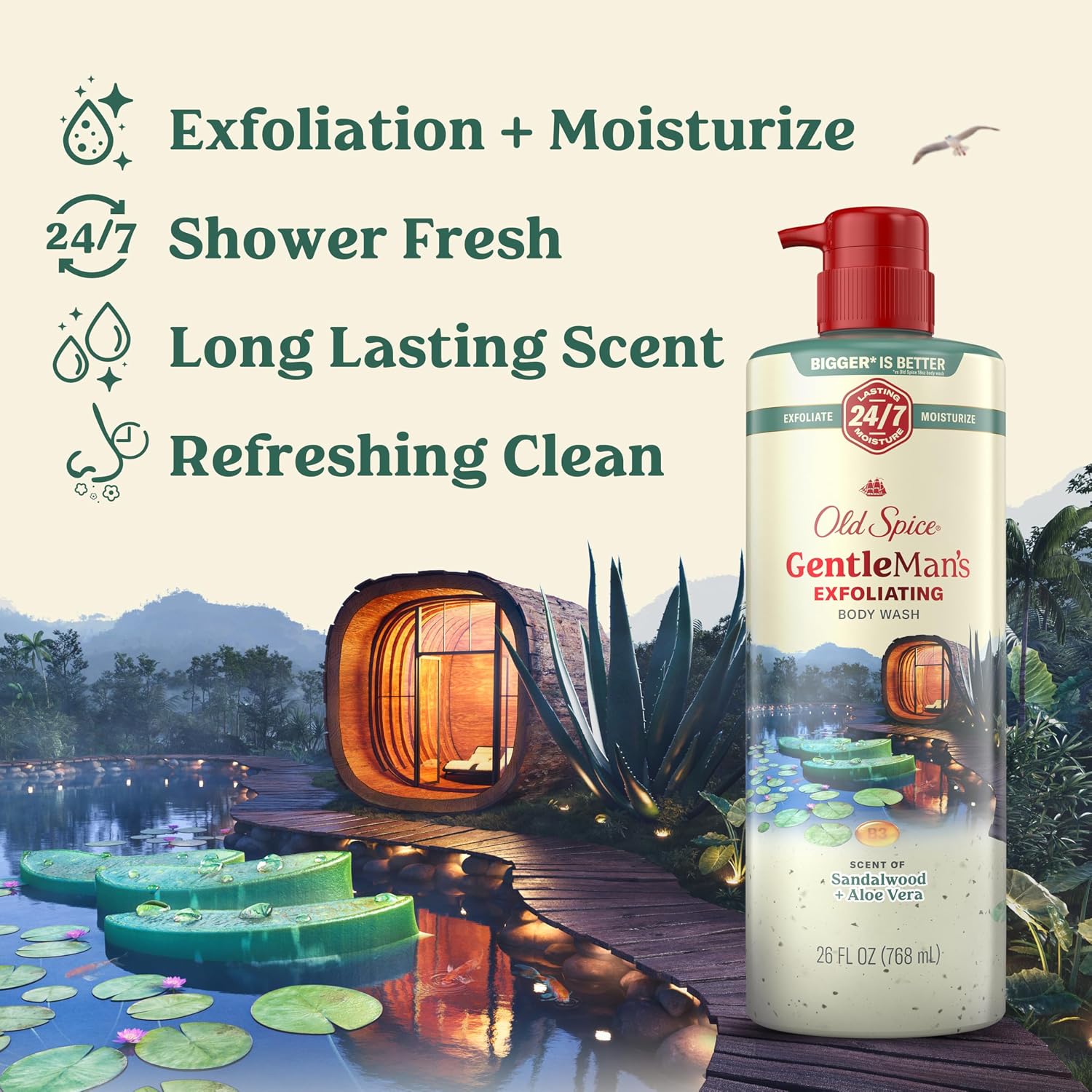 Old Spice Gentleman'S Exfoliating & Moisturizing Body Wash For Men, 24/7 Shower Fresh With Long Lasting Scent, Renewing Vitamin B3 Blend, Sandalwood + Aloe Vera Scent, 26 Oz