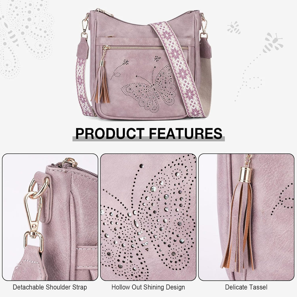 KITEVIUN Medium Crossbody Bags for Women Trendy, Women's Butterfly Shoulder Handbags with Tassel