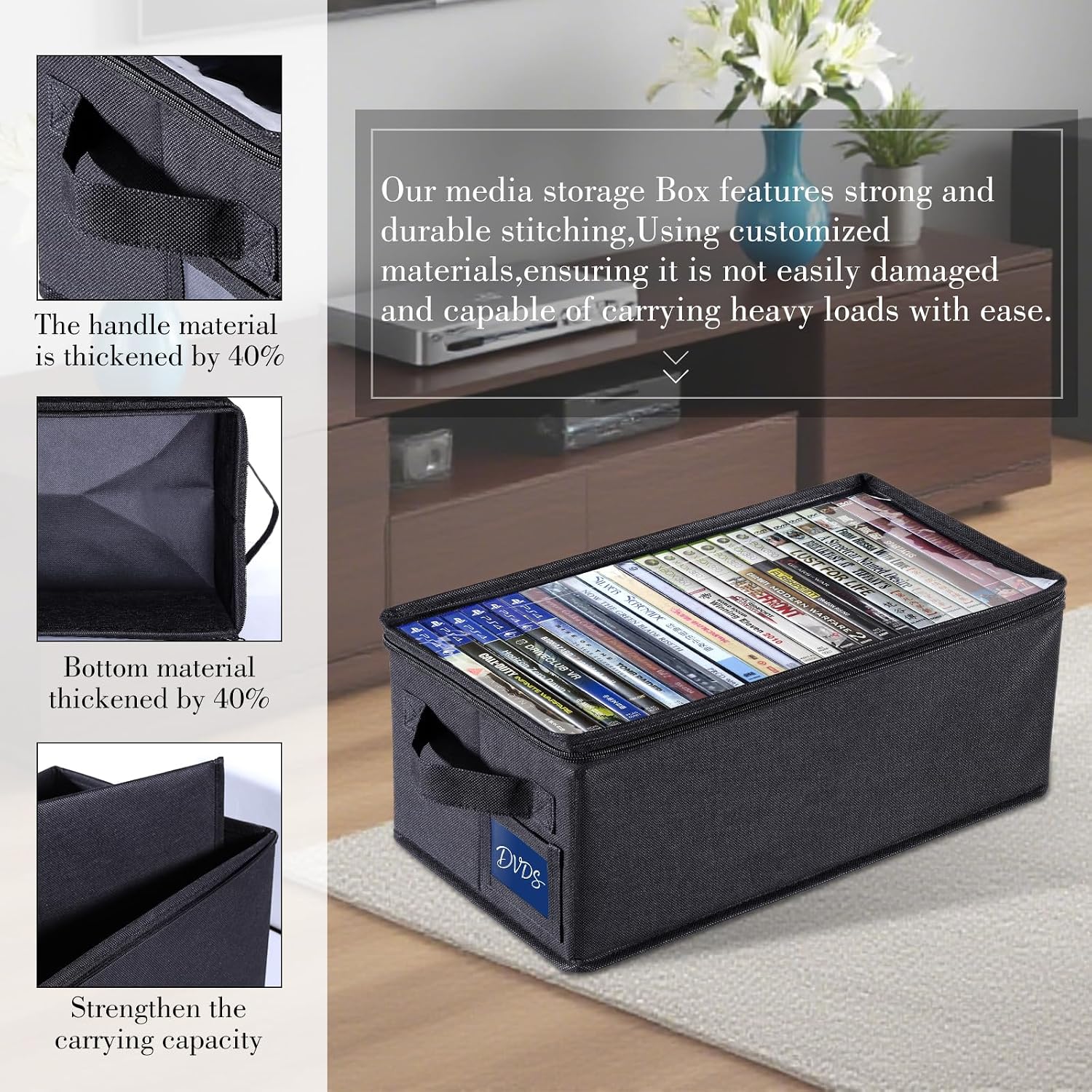 Ccidea Dvd Storage Box With Clear Window - 15.75" Foldable Media Organizer, Premium Zipper Closure, Holds 27+ Dvds, Dustproof Non-Woven Fabric, Reinforced Handles & Label Slot (2)