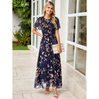 Simplee Womens Casual Floral Summer Maxi Dress 2026 Boho Flowy Short Sleeve Crew Neck Vacation Smocked Chiffon Dresses