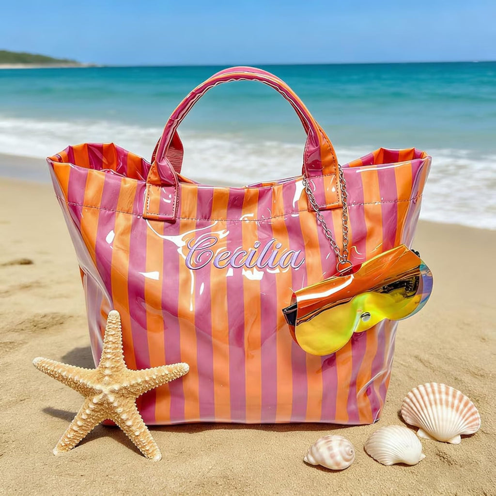 Personalized Beach Tote Bag with Name, Custom Embroidery Waterproof Striped Tote for Women, Large Capacity PVC Handbag for Summer Travel, Lightweight Beach Bag Gift for Mom Bridesmaid Birthday. | Waterproof fabric